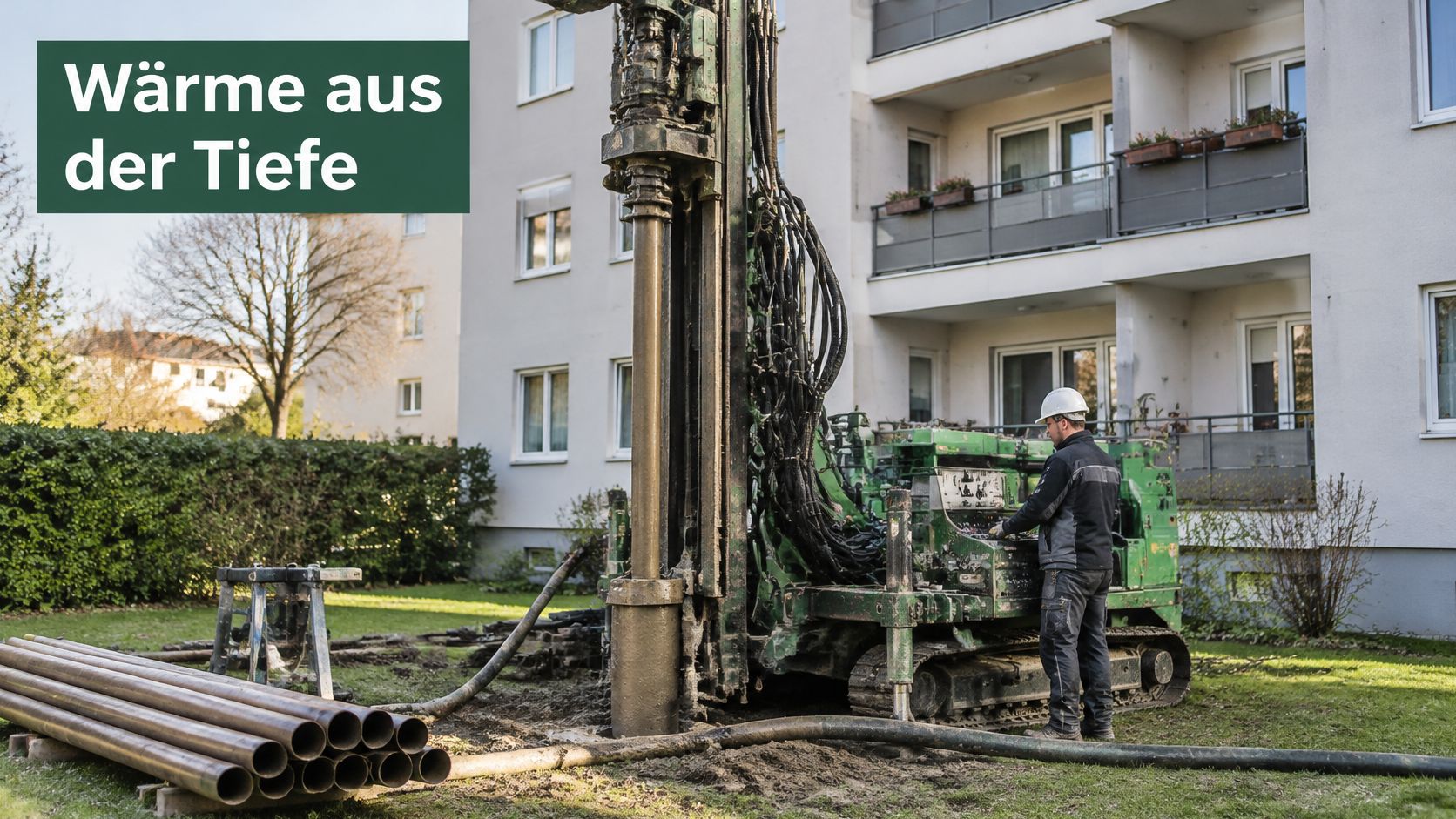 Ein Arbeiter bedient eine Erdbohrmaschine für eine Geothermie-Wärmepumpe vor einem Mehrfamilienhaus zur nachhaltigen Energieerzeugung.