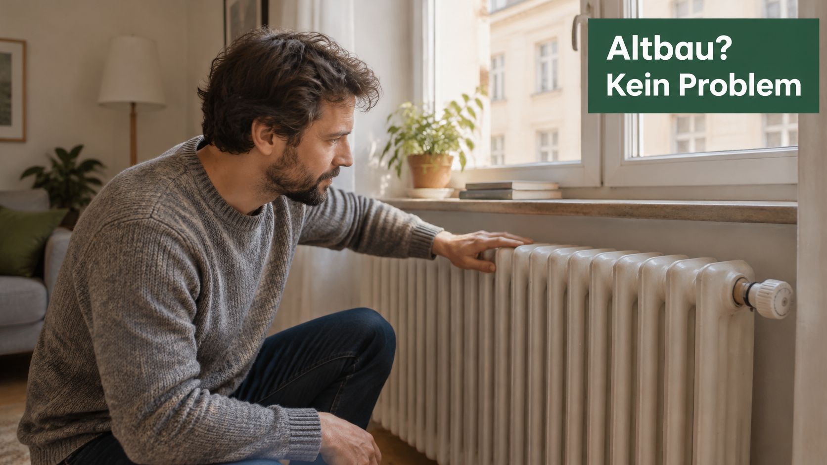 Ein Mann kniet vor einem klassischen Heizkörper in einer Wohnung und prüft die Temperatur der Heizung.