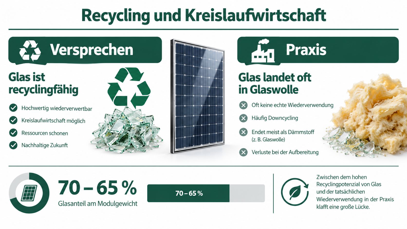 Infografik zum Recycling von Solarmodulen und der Diskrepanz zwischen theoretischer Wiederverwertbarkeit und praktischer Entsorgung als Glaswolle.