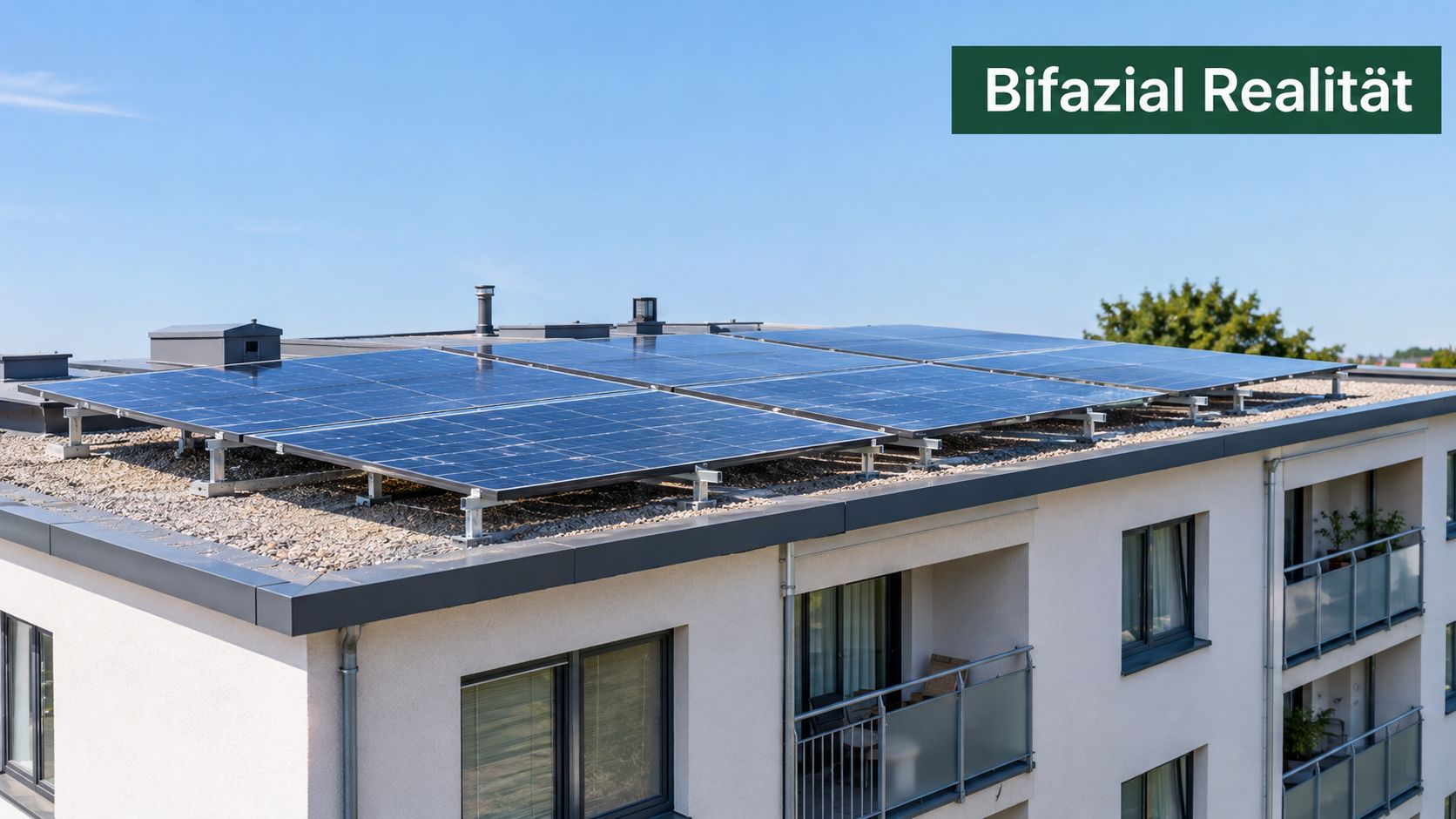 Eine Photovoltaikanlage mit bifazialen Modulen auf einem flachen Gebäudedach bei sonnigem Wetter.