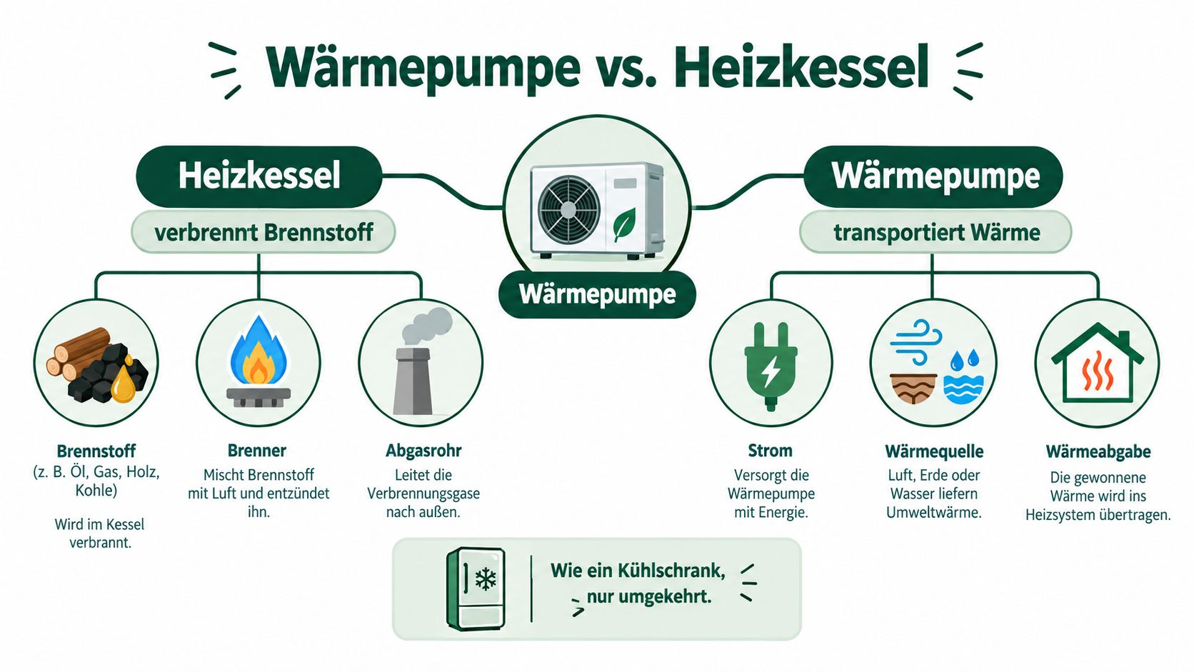 Vergleichsgrafik zwischen Wärmepumpe und Heizkessel, die die verschiedenen Funktionsweisen der Heizsysteme anschaulich darstellt.