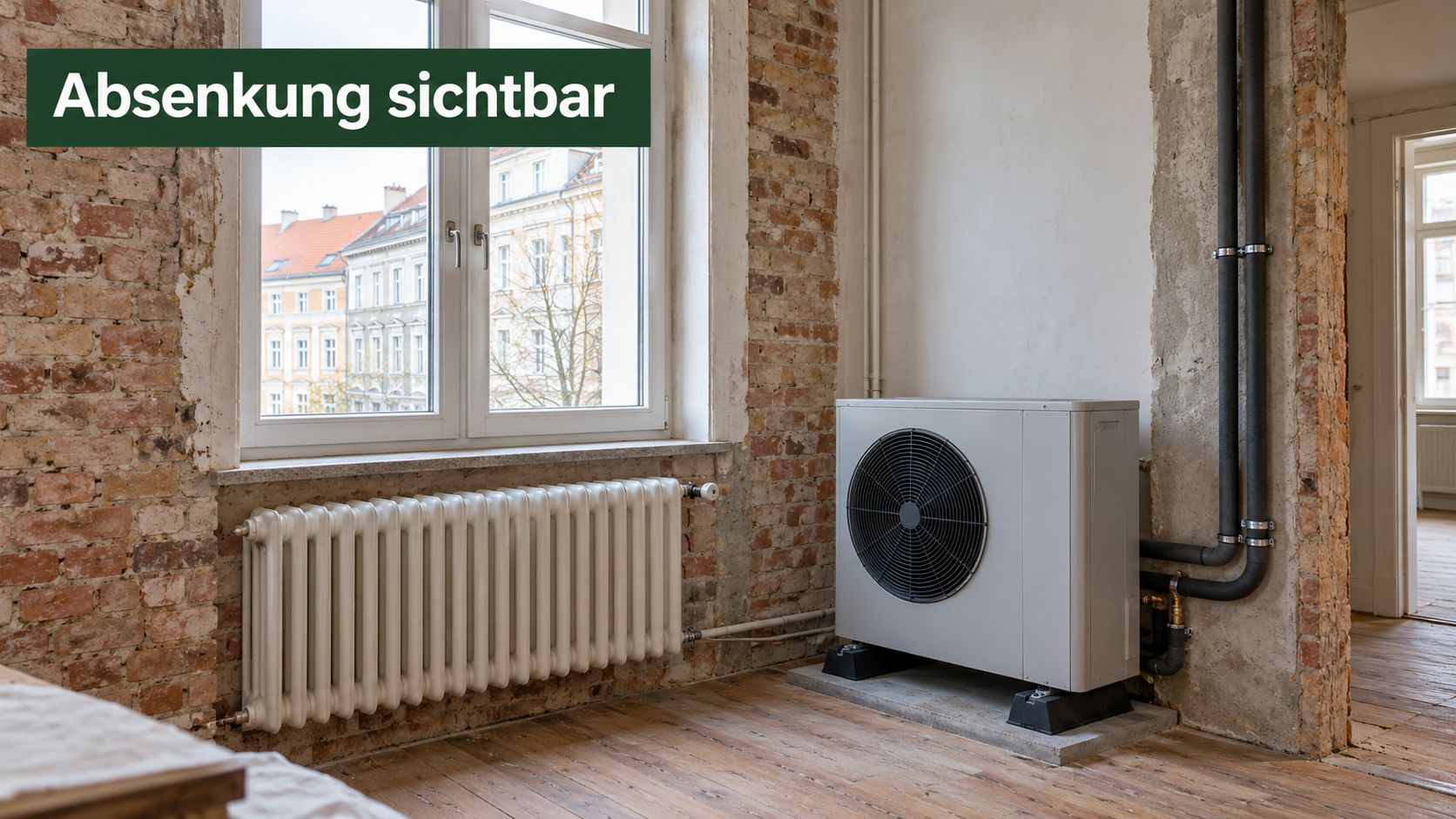 Eine Wärmepumpe steht in einem renovierungsbedürftigen Altbau neben einem klassischen Heizkörper vor einem Fenster mit Stadtblick.