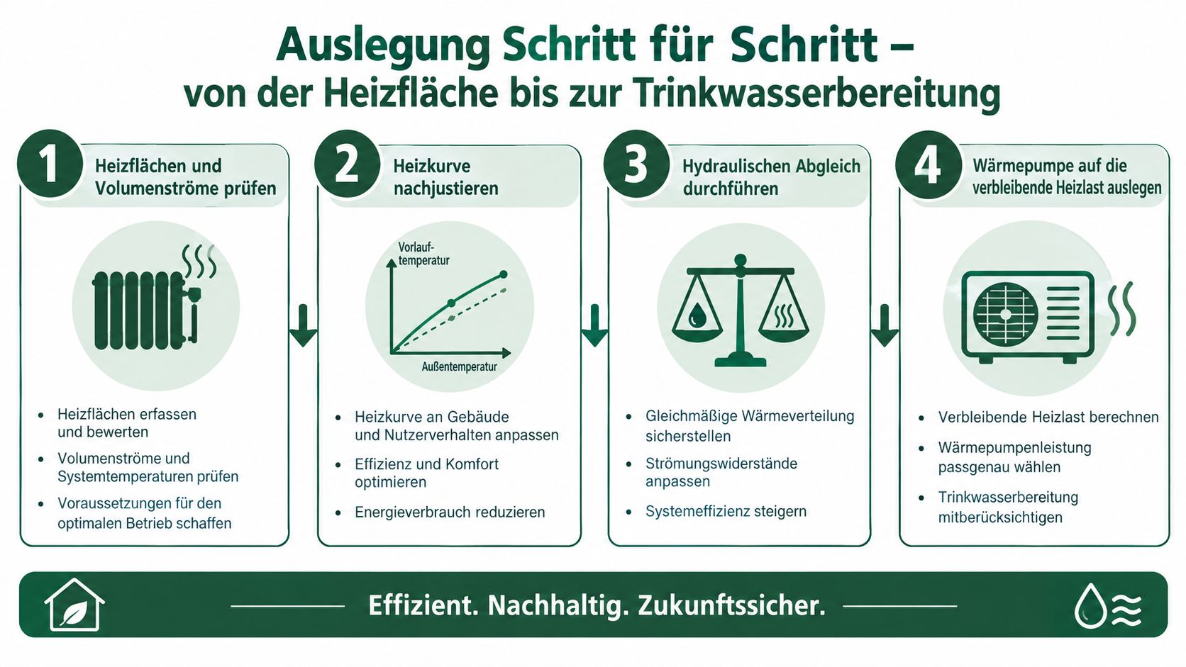 Grafik zeigt den schrittweisen Prozess zur Auslegung einer Wärmepumpe für Heizflächen und Trinkwasserbereitung in Gebäuden.