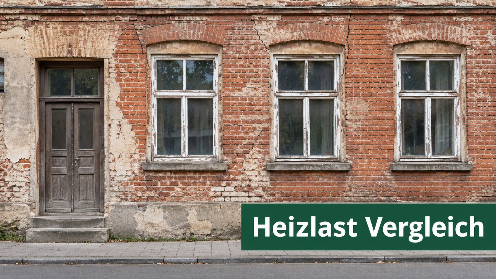 Eine sanierungsbedürftige Fassade eines alten Ziegelbaus mit altem Holztüreneingang und mehreren Fenstern bei Tageslicht.