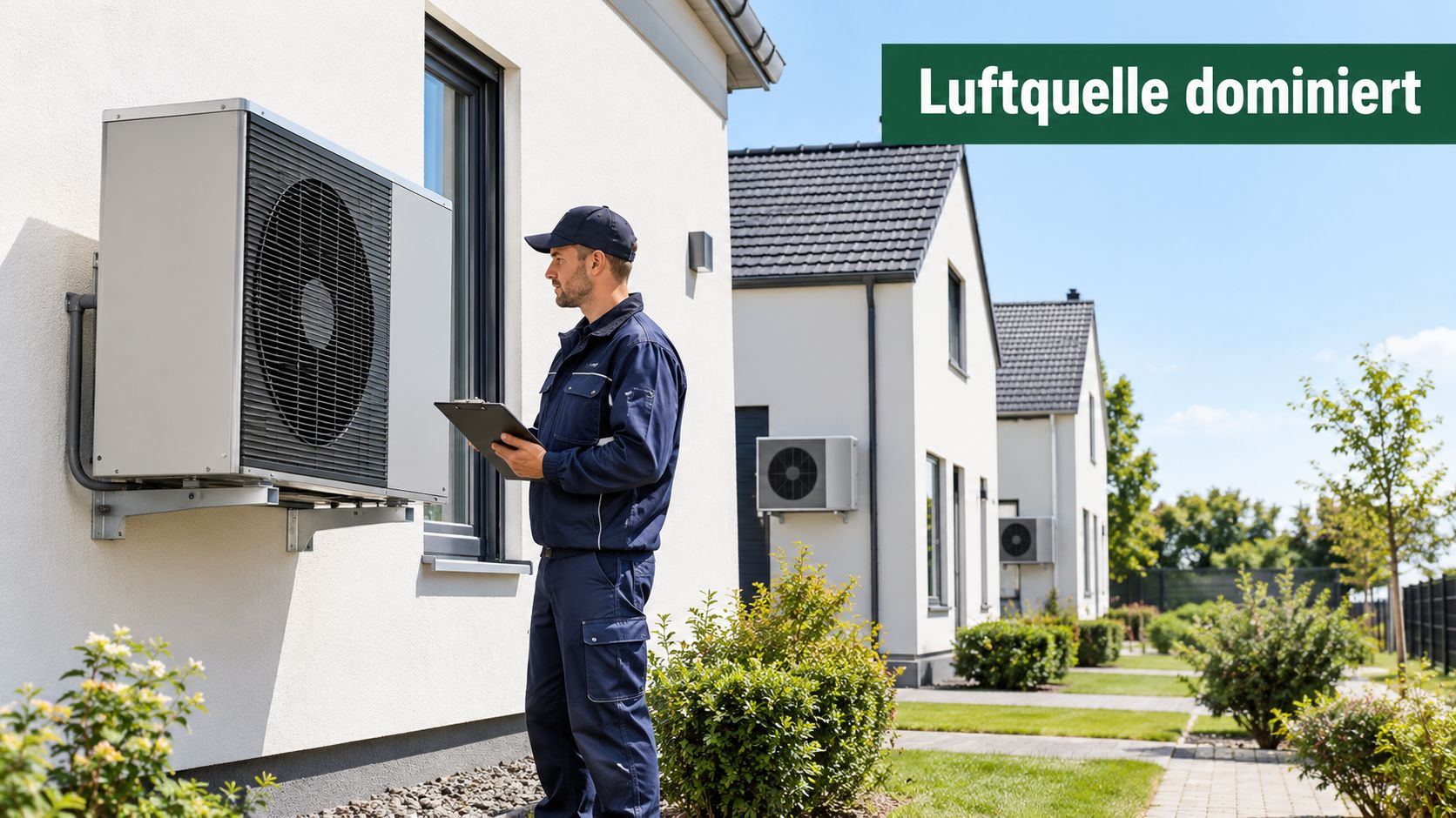 Ein Techniker in Arbeitskleidung überprüft eine an der Hauswand montierte Luftwärmepumpe mit Hilfe eines Klemmbretts im Freien.