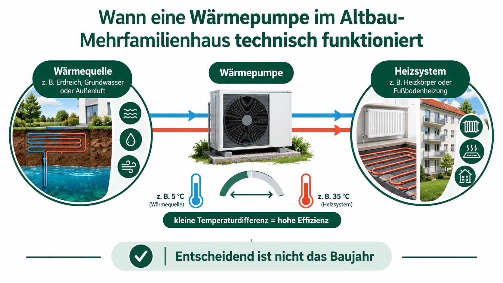 Eine Infografik erklärt die technische Funktionsweise einer Wärmepumpe in einem sanierten Altbau-Mehrfamilienhaus mit Wärmequellen und Heizsystem.