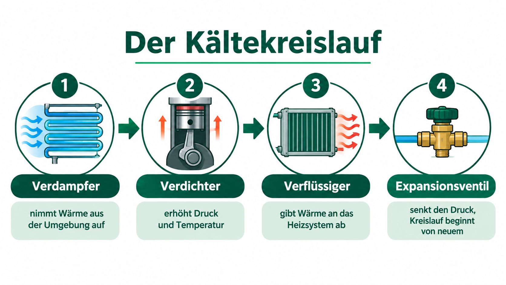Grafik zeigt den vierstufigen Kältekreislauf einer Wärmepumpe mit Verdampfer, Verdichter, Verflüssiger und Expansionsventil in korrekter Reihenfolge.