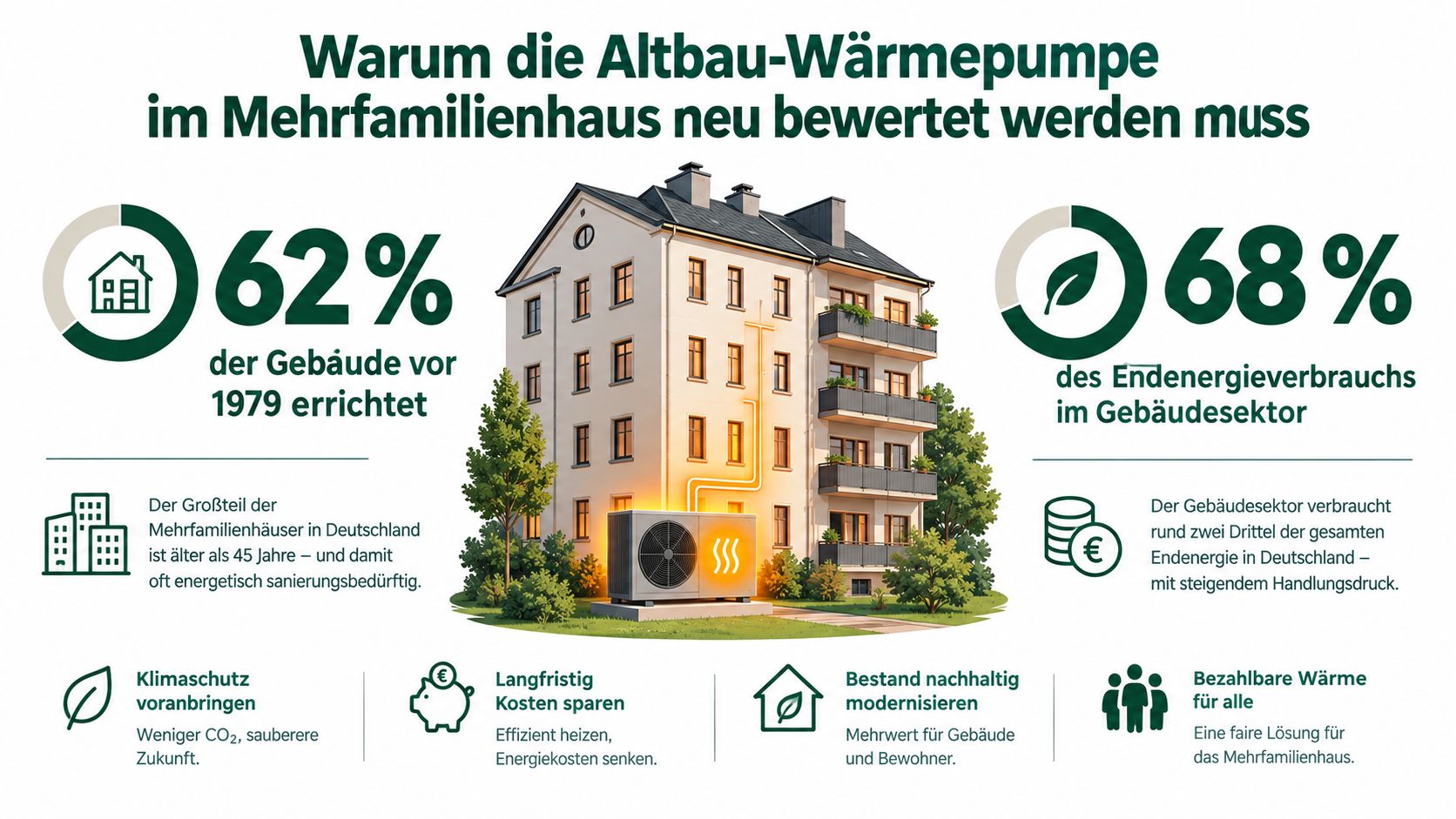 Eine Infografik zur Notwendigkeit der Wärmepumpen-Nachrüstung in alten Mehrfamilienhäusern zur energetischen Optimierung und Kostensenkung.