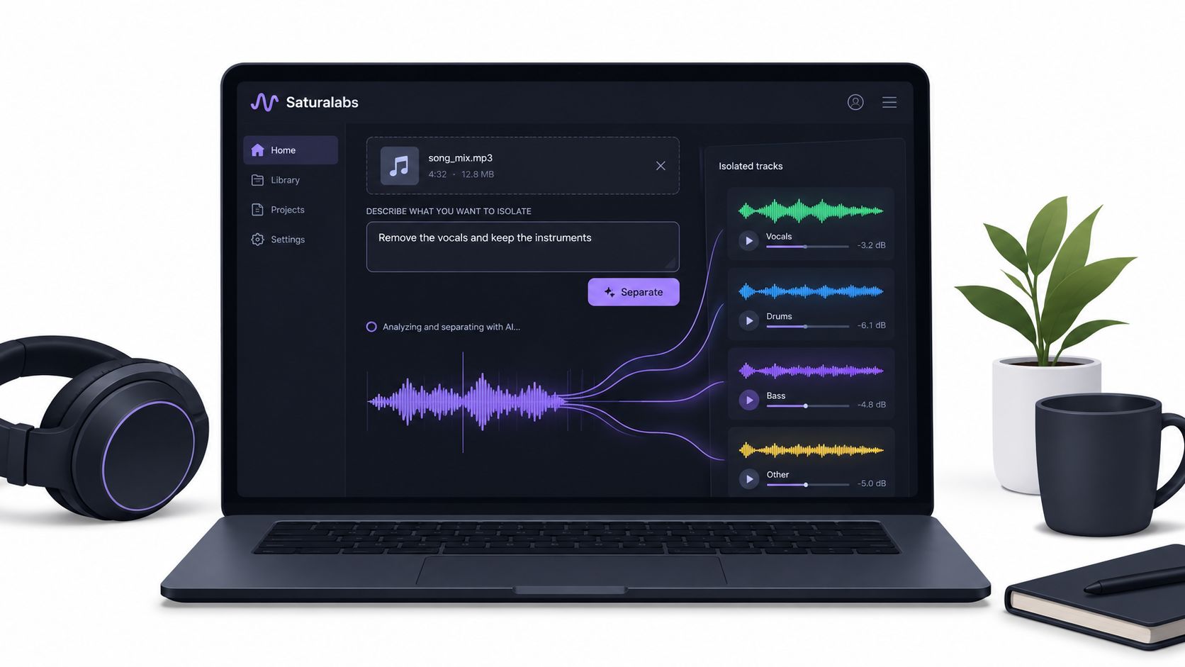A modern laptop displaying AI-powered audio software for splitting music stems on a clean desk workspace.