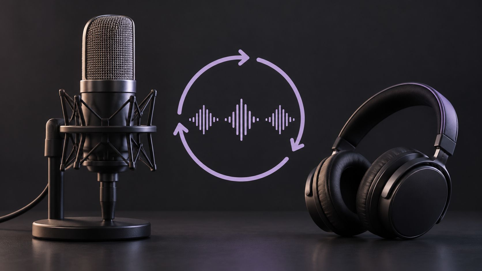 A professional microphone and black studio headphones with a sound wave icon against a dark background.