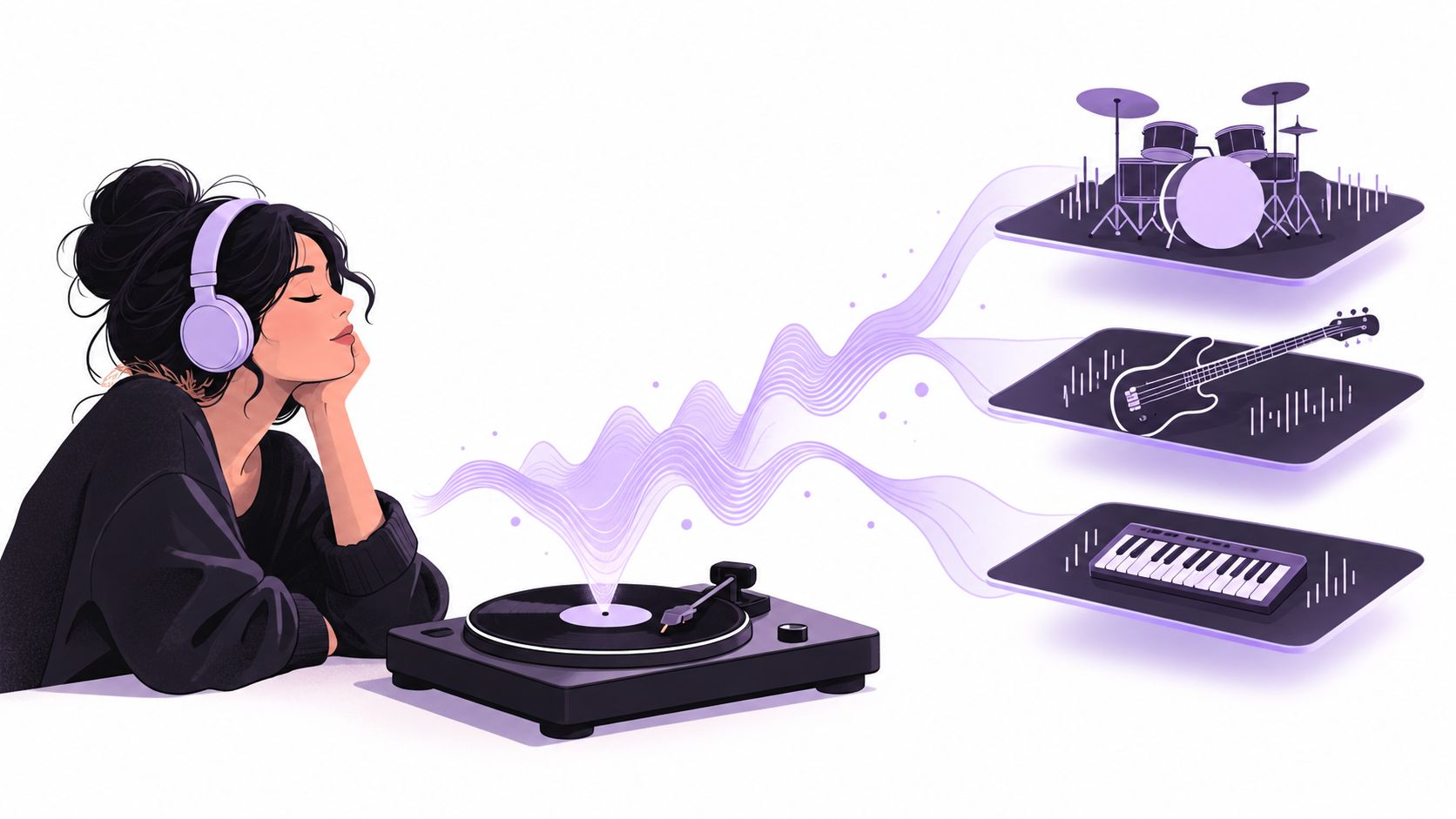 An artistic illustration of a woman listening to music while visualizing different musical instrument tracks.