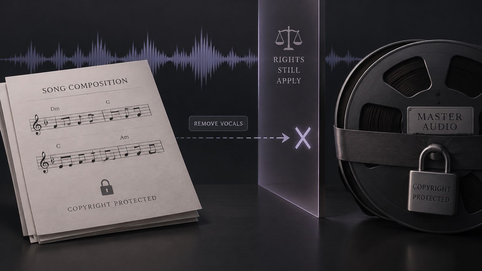 A symbolic illustration representing legal restrictions on removing vocals from copyrighted musical compositions and master audio recordings.