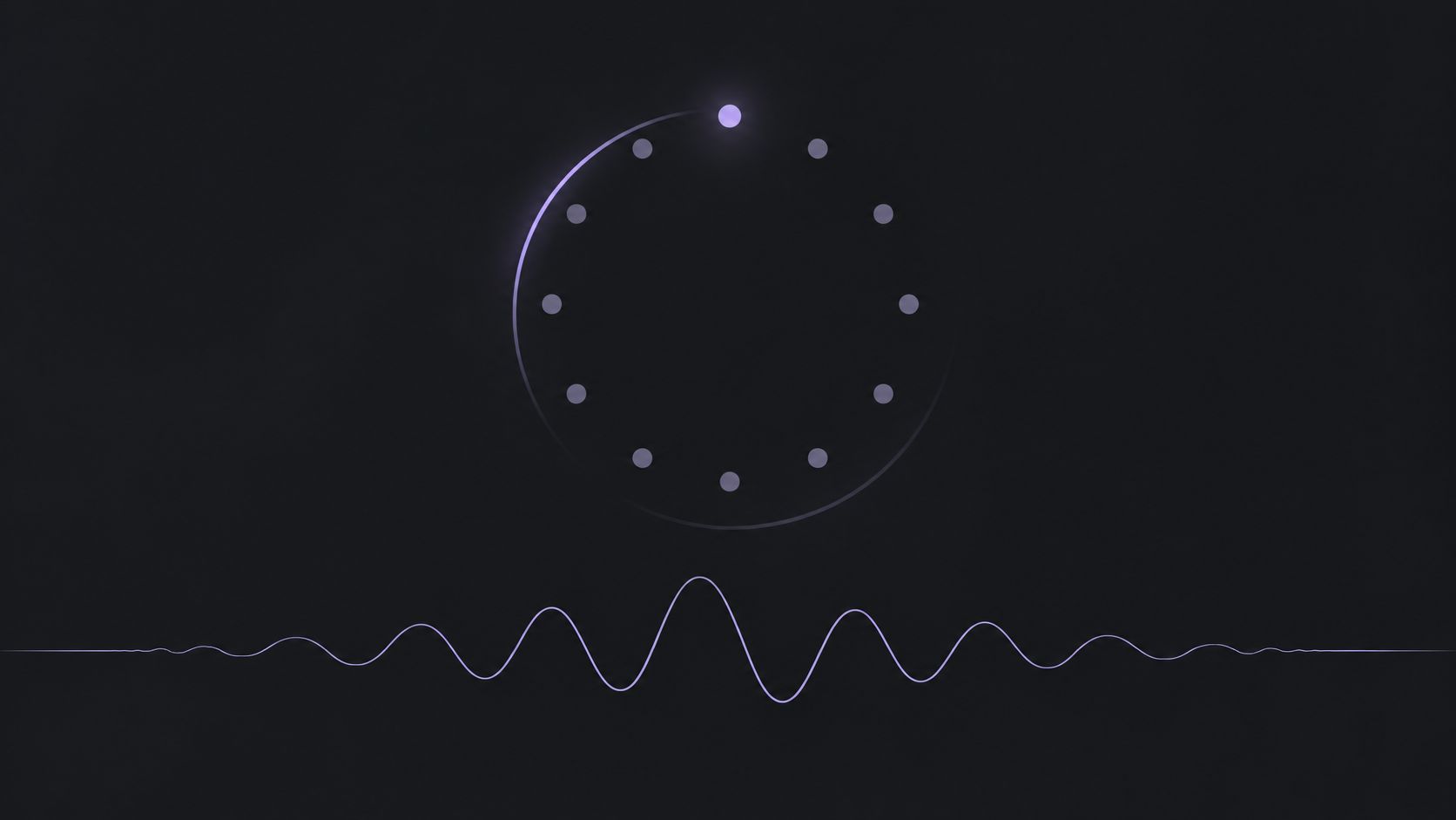 A minimalist circular loading icon and sound waveform on a dark purple background representing audio analysis.