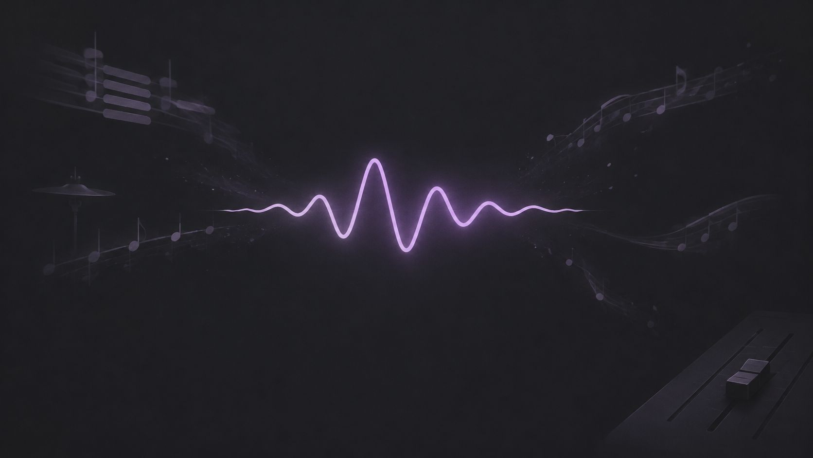 A neon purple sound wave centered over musical notes and a mixing console in a dark room.