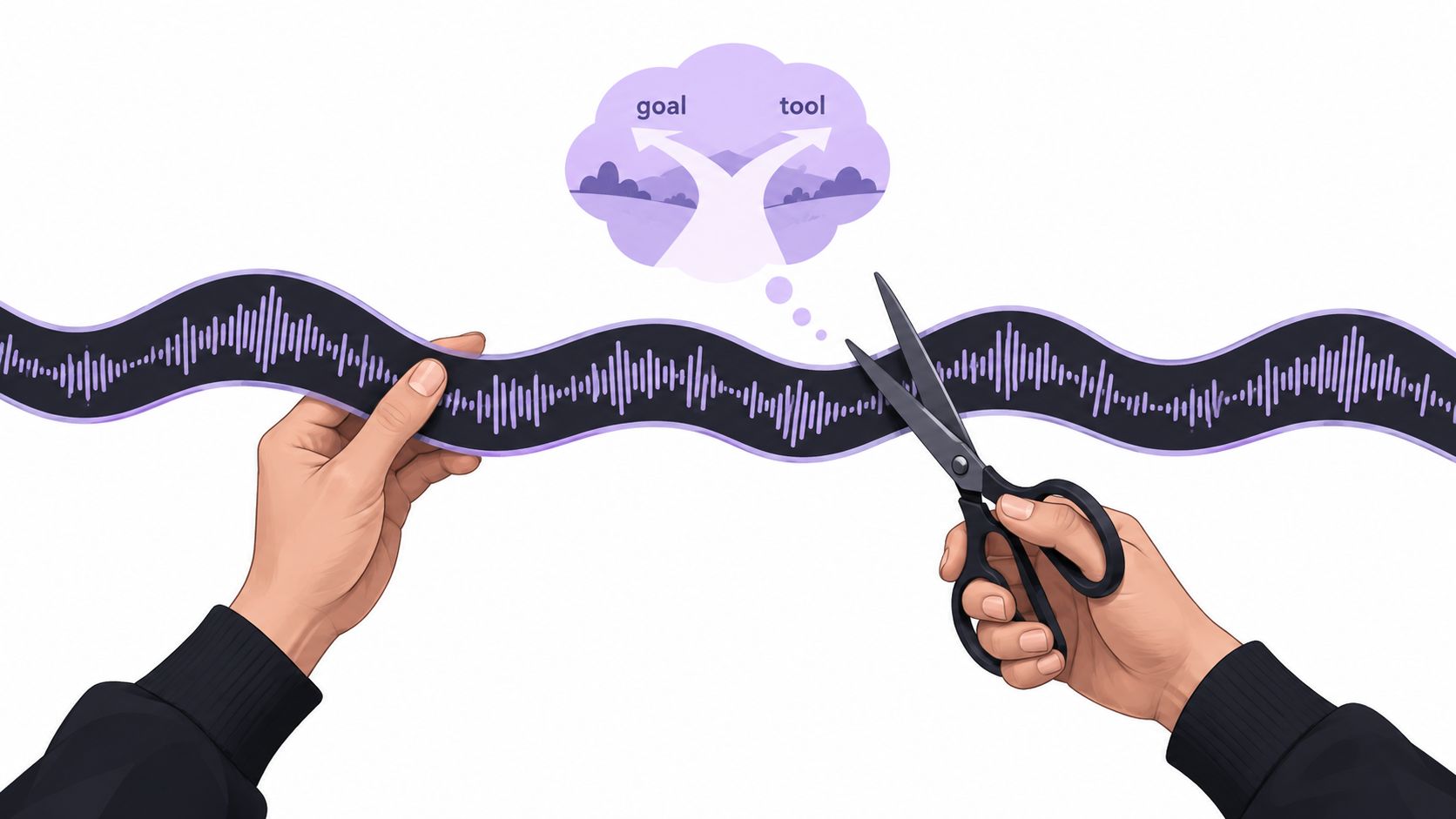 Hands holding a wavy audio waveform strip being cut with scissors, representing audio editing concepts.