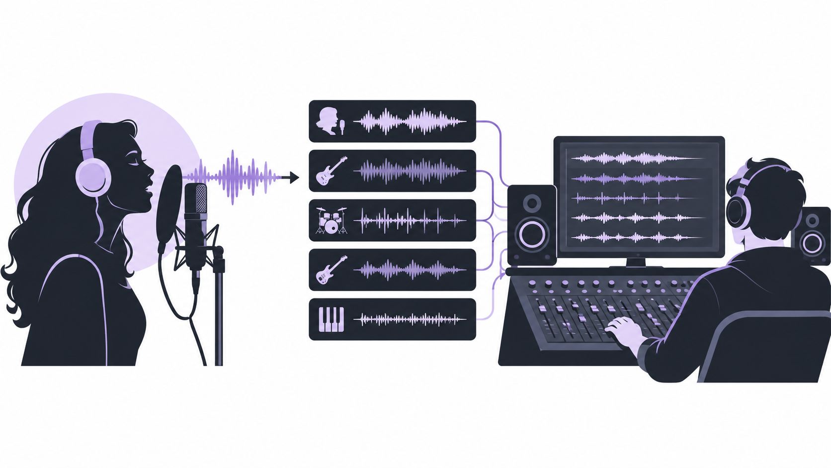 A digital illustration showing a singer in a recording studio with audio engineer mixing multiple music tracks.