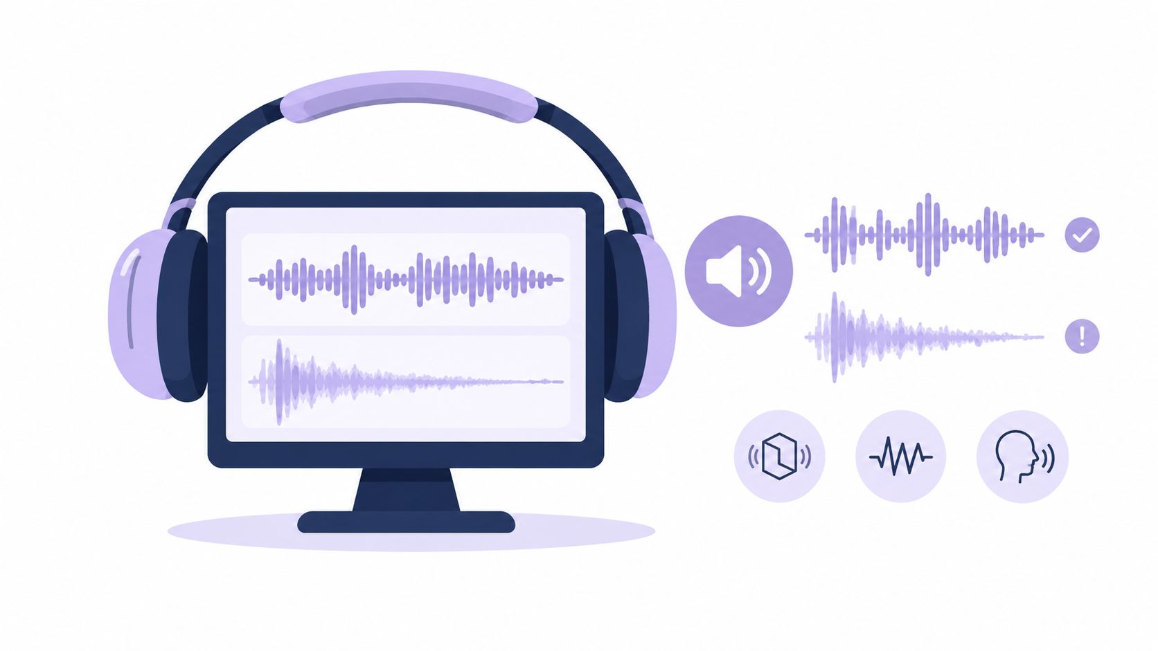 A digital illustration showing audio waveforms on a computer monitor with headphones, symbolizing audio processing and cleanup.