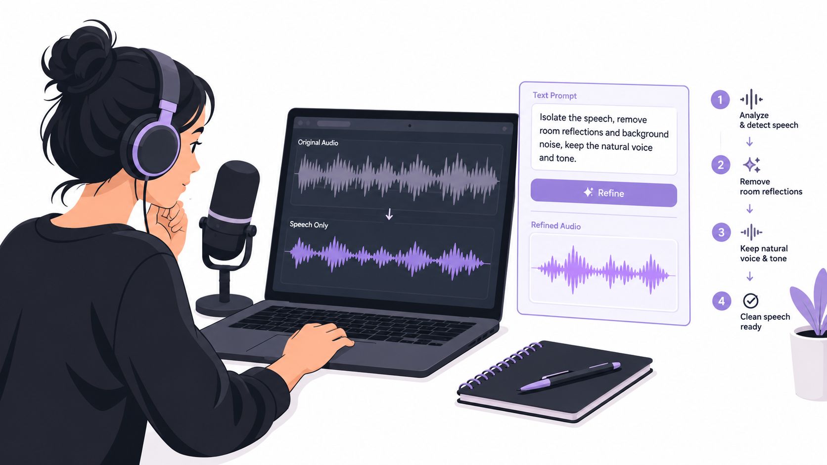 A woman using software on her laptop to refine audio recordings by removing background noise and echo.