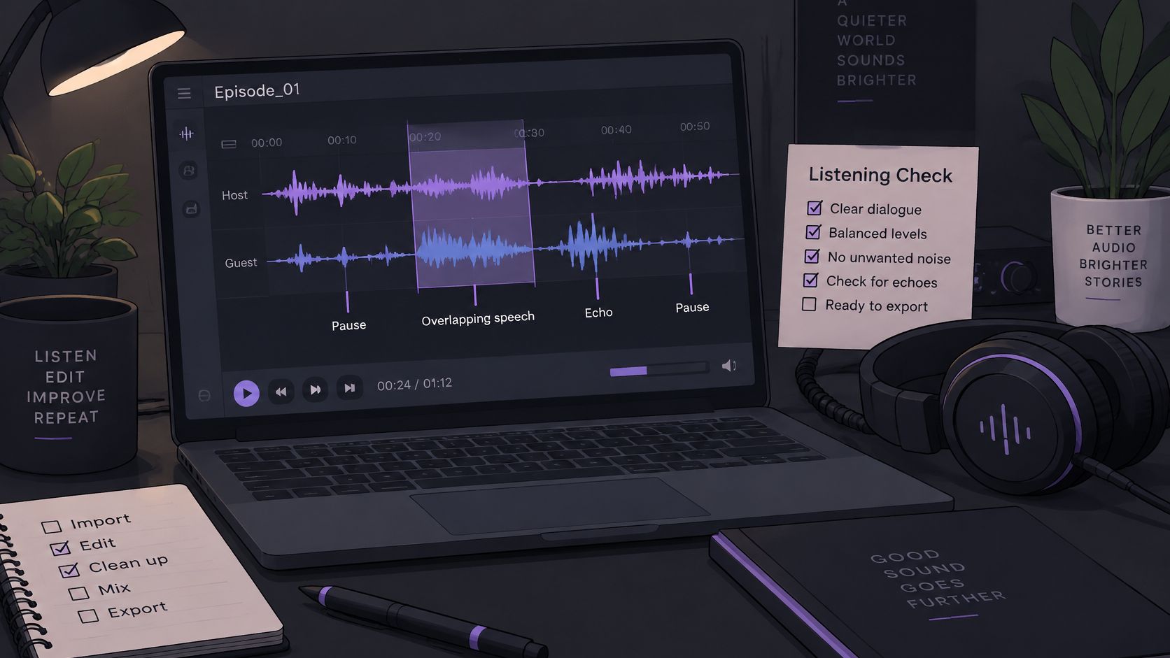 A digital audio workspace on a laptop screen displaying sound wave editing tools and podcast production checklists.
