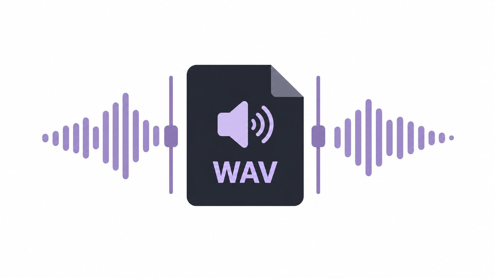 A digital file icon representing a WAV audio format centered between two stylized sound wave visualizations.
