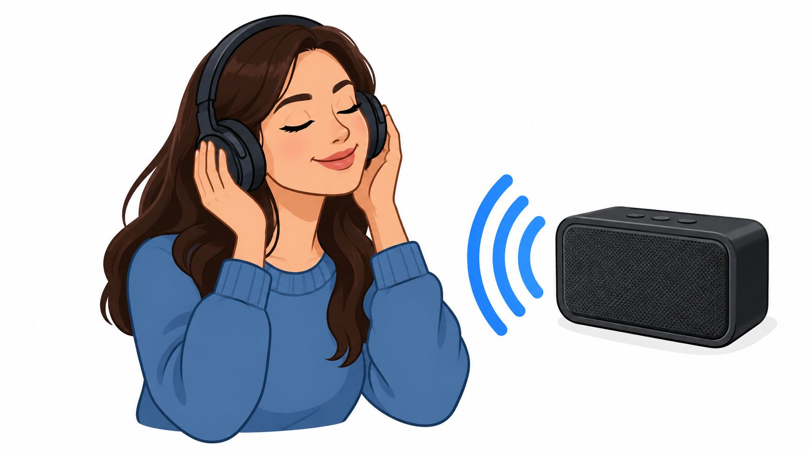 A woman smiling while wearing over-ear headphones, with a sound wave icon directed toward a nearby speaker.