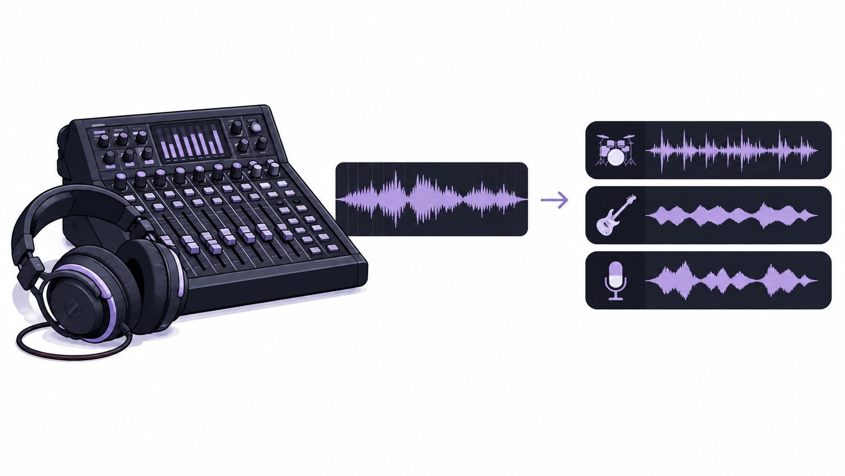 An audio mixer and headphones processing a single audio track into separate drum, guitar, and vocal stems.