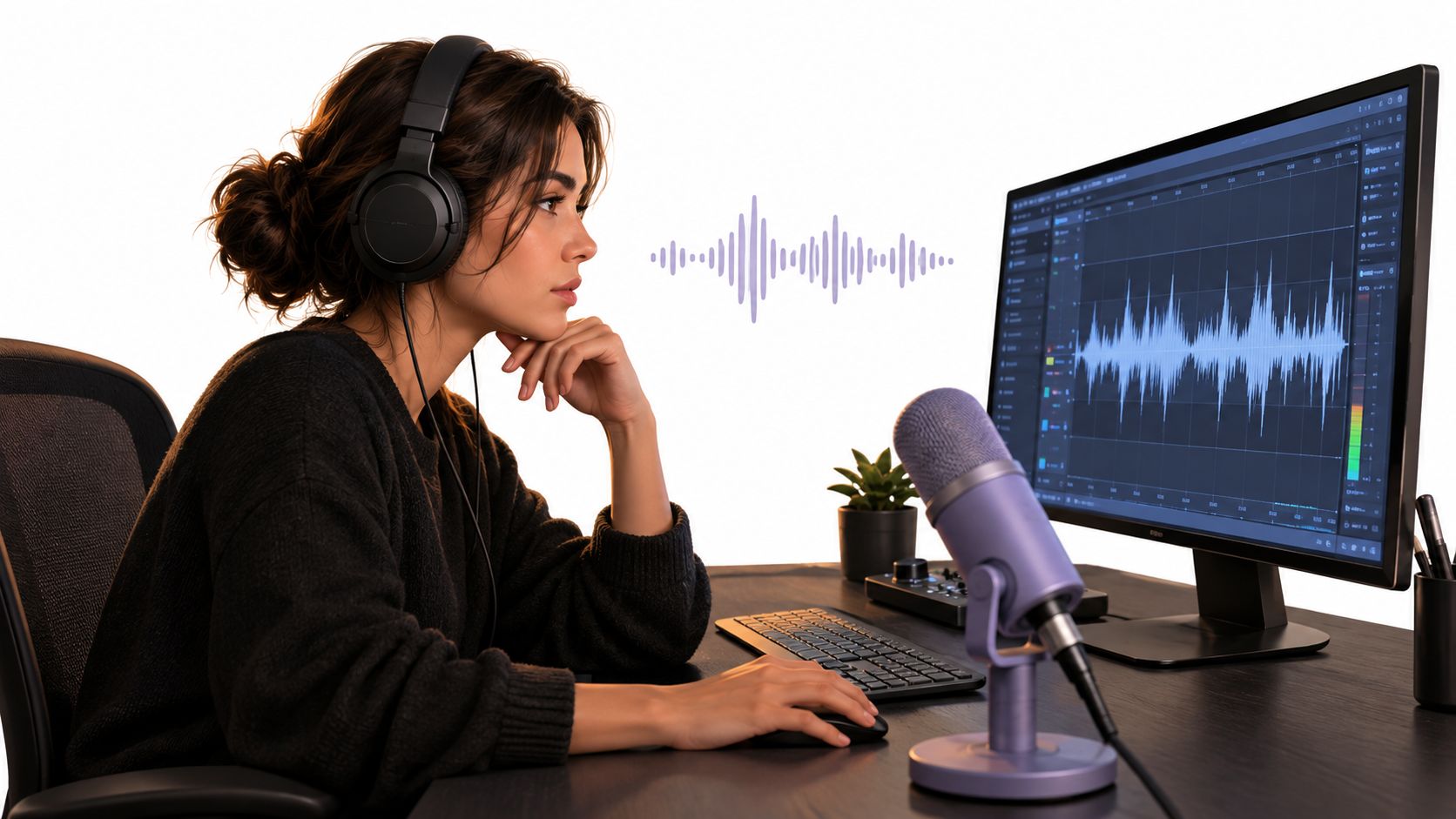 A woman wearing headphones editing audio files on a computer screen in a home studio setting.