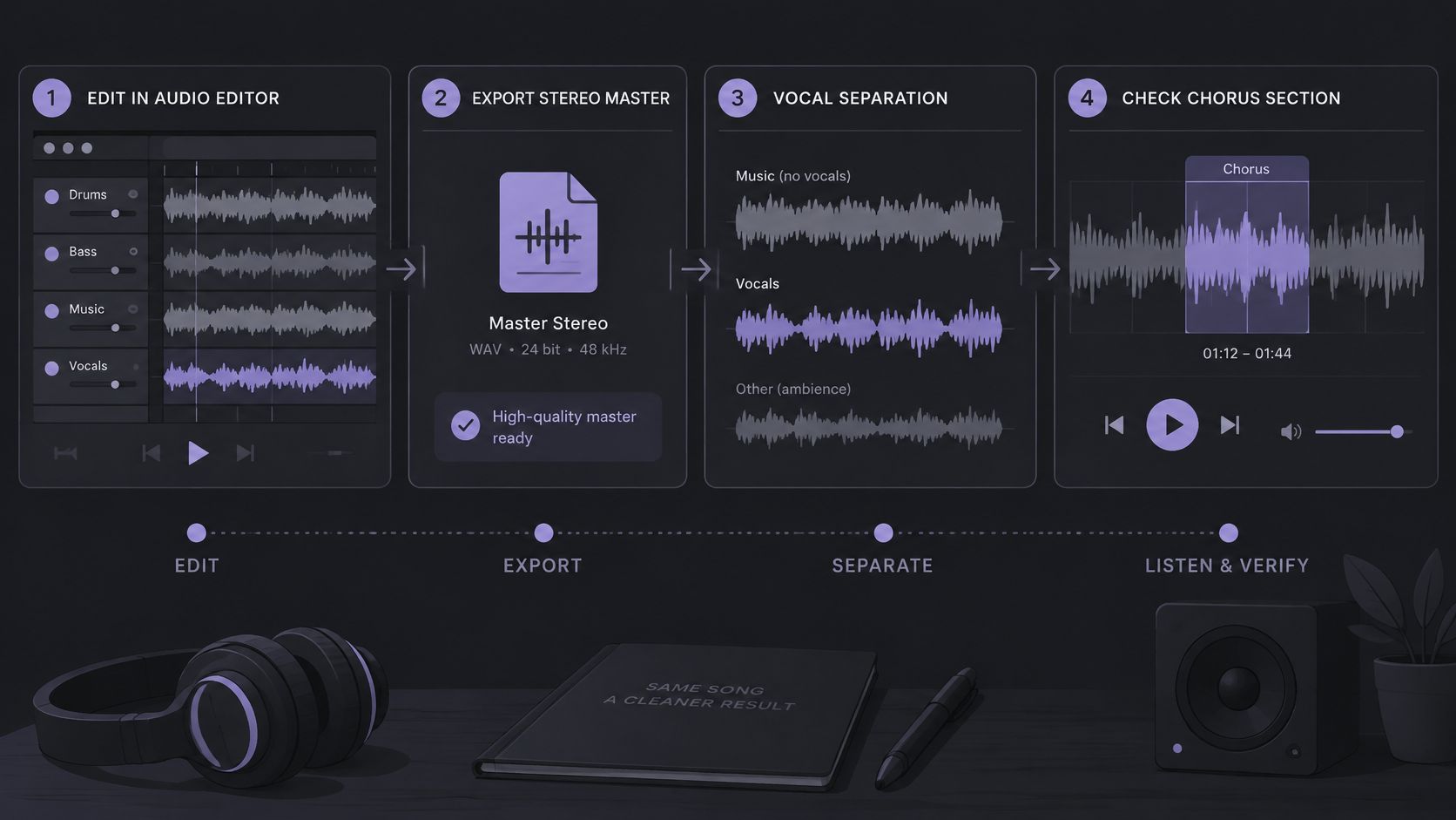 A four-step workflow infographic explaining how to isolate and remove vocals from a music track.