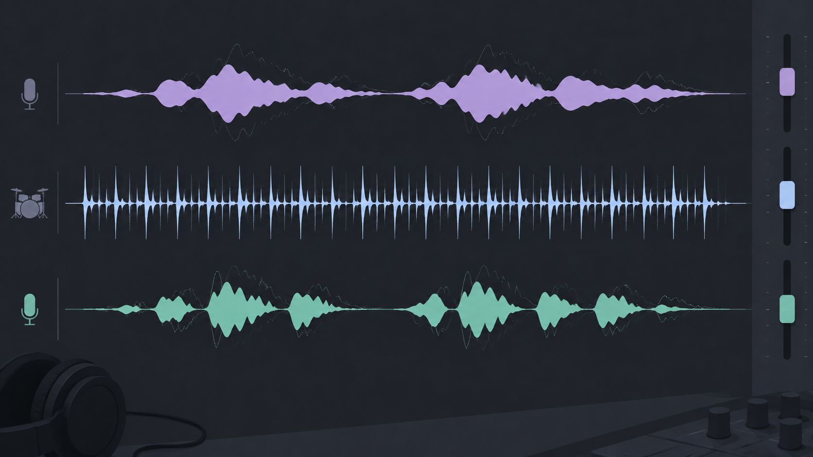 A digital audio workstation interface displaying three vocal and drum audio tracks with levels and studio equipment.