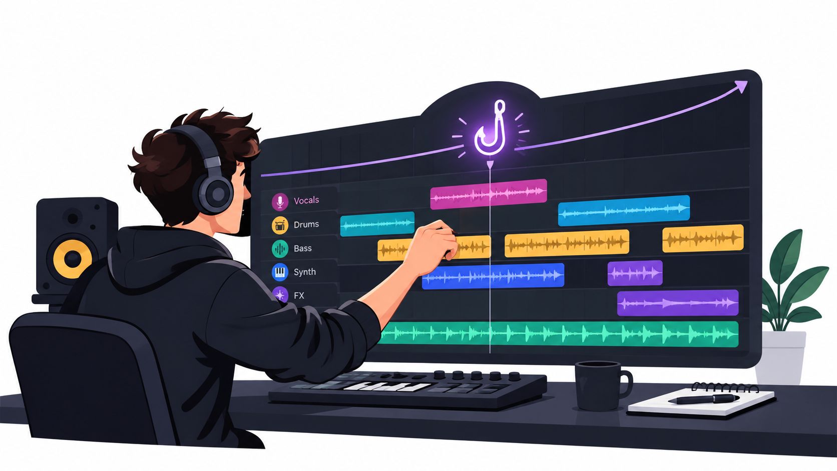 A digital music producer wearing headphones editing audio tracks on a large computer monitor in a studio.