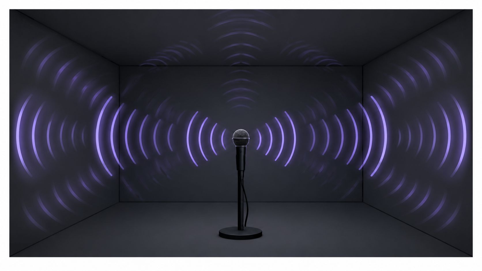 A professional microphone standing in a dark room with purple sound waves emanating from it