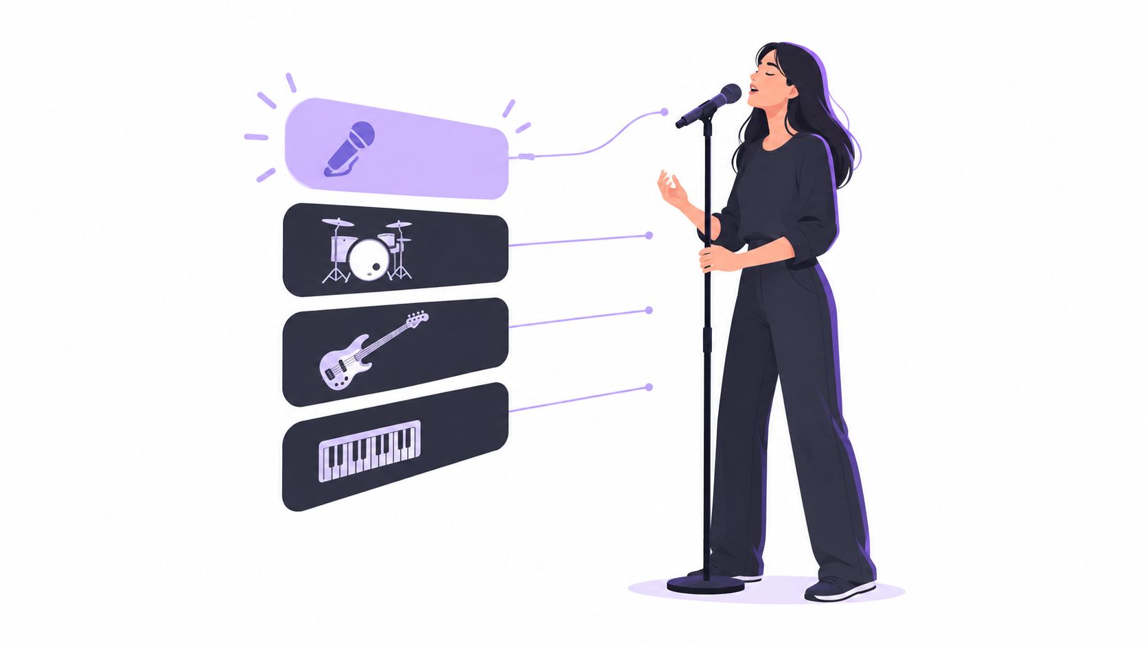 An illustration of a woman singing into a microphone with various musical instrument icons nearby.