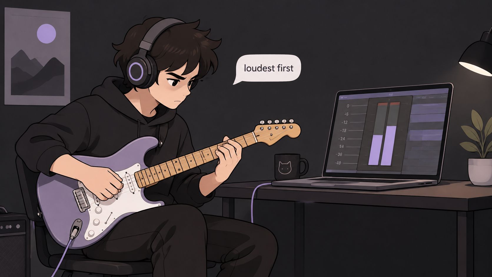 A young musician in a dark room plays an electric guitar while recording onto a laptop screen.