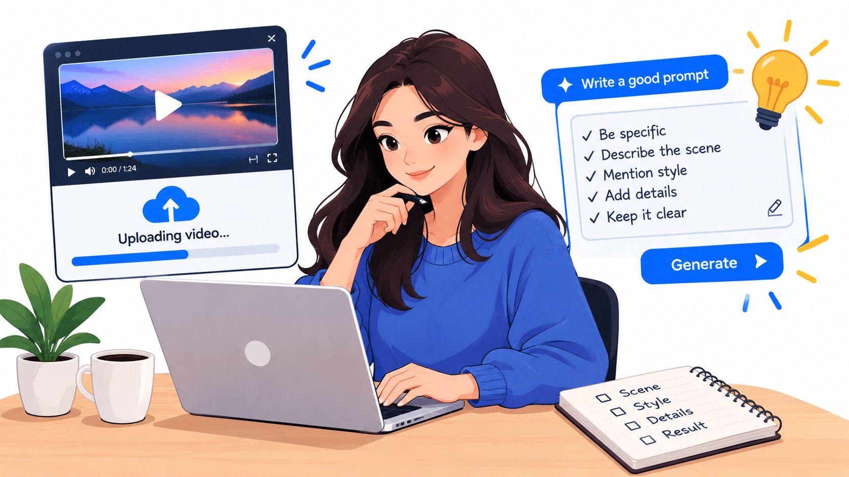 A digital illustration of a woman using a laptop to upload a video for AI generation.