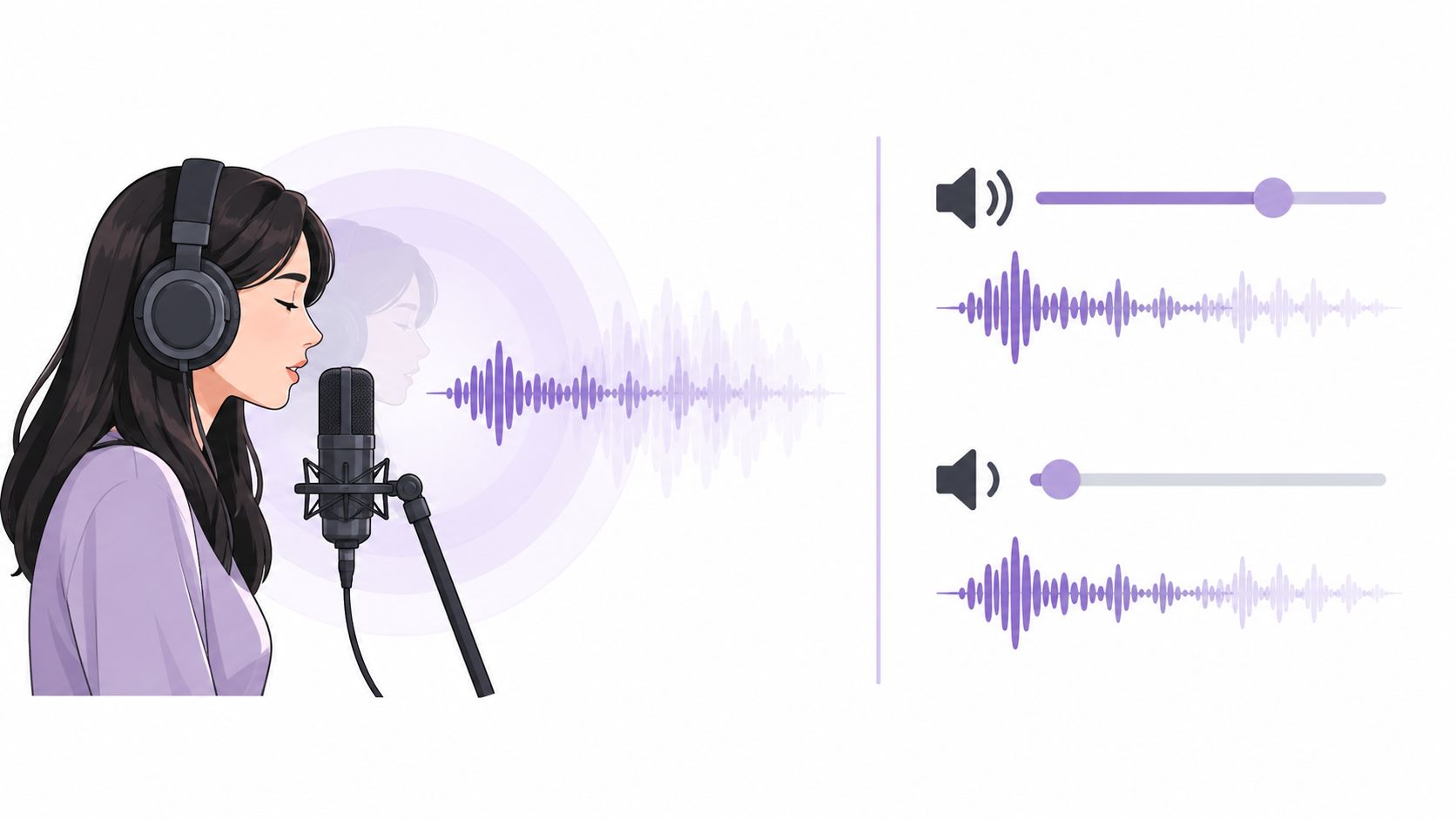 A woman recording audio with headphones and a microphone next to sound wave and volume slider controls.