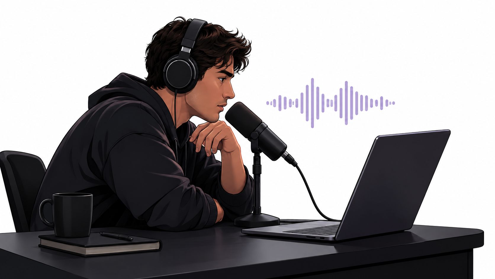 A young man with headphones speaking into a professional microphone while working on a laptop computer