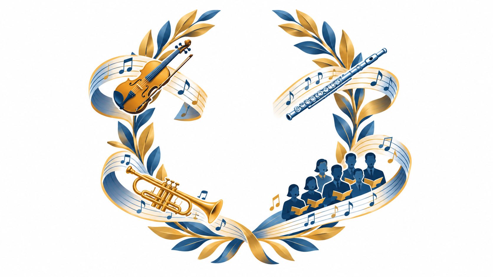 A wreath illustration featuring a violin, flute, trumpet, and choir singers on a musical staff ribbon.