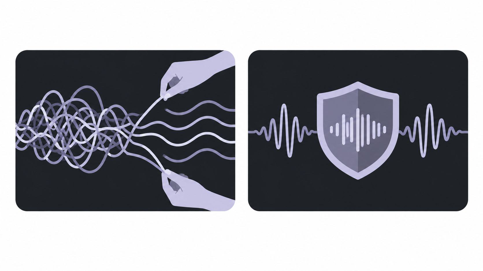 An illustration showing messy tangled lines being untangled by hands, followed by a shielded sound wave symbol.