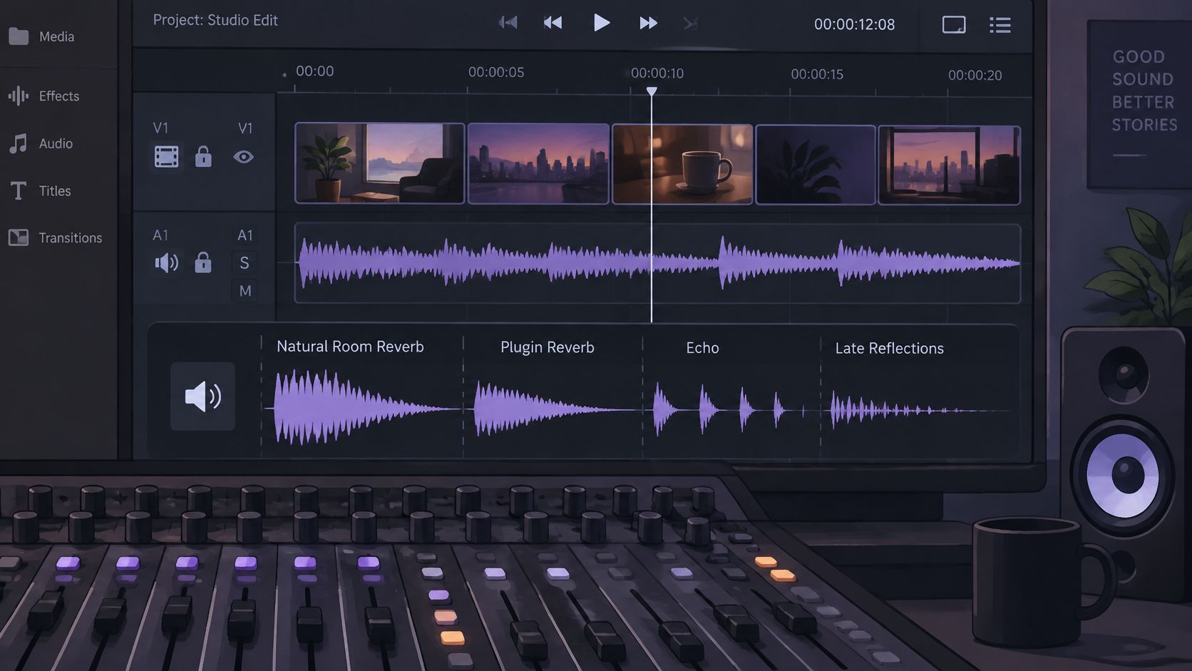A digital video editing workspace featuring a timeline, audio waveforms, and audio mixing console interface.
