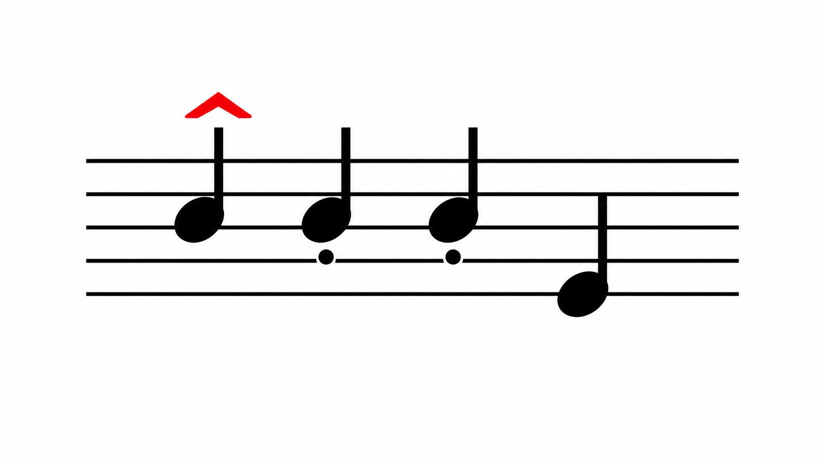 Four musical notes on a staff with an accent mark and two staccato dots above the lines.