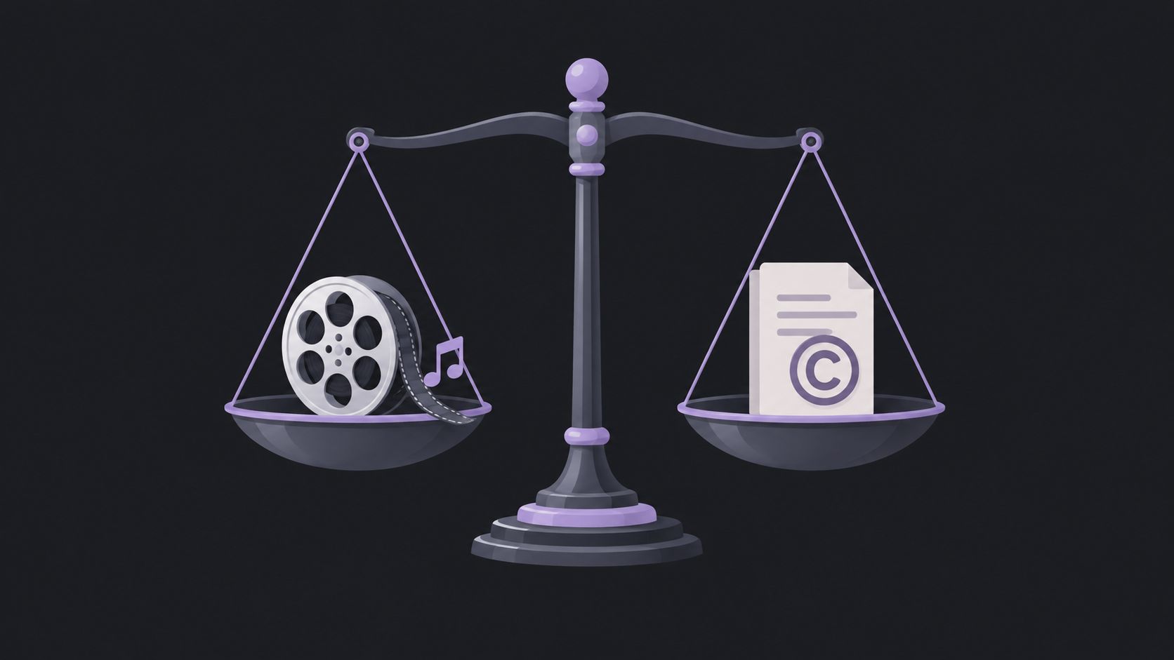 A balanced scale featuring a film reel and music note on one side and a copyright symbol document.