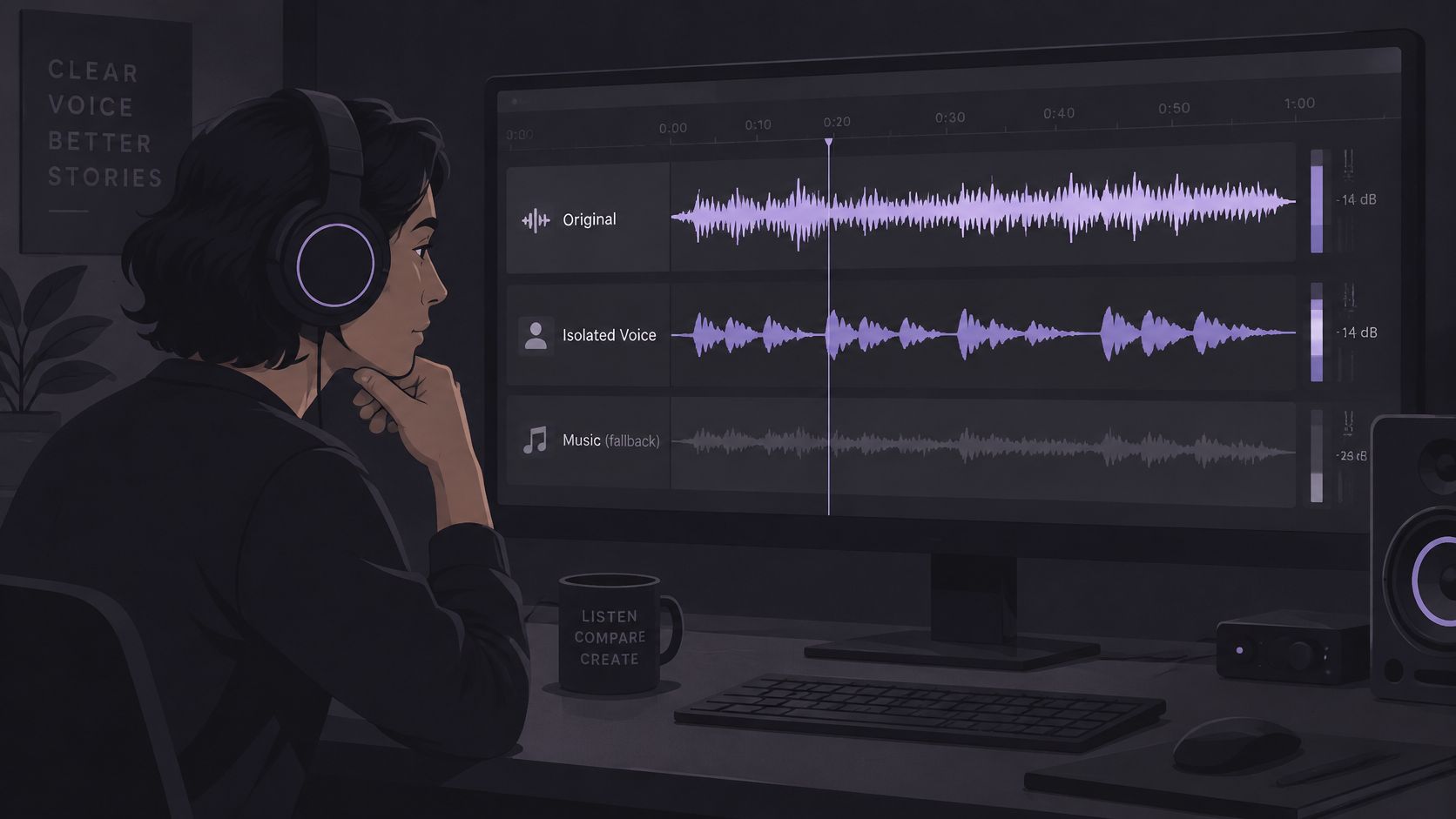 A digital artist wearing headphones works on audio track editing software at a computer workstation at night.