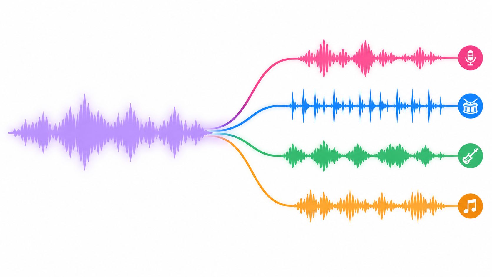 A conceptual graphic illustrating audio stem separation, showing a mixed wave splitting into four distinct instrument tracks.