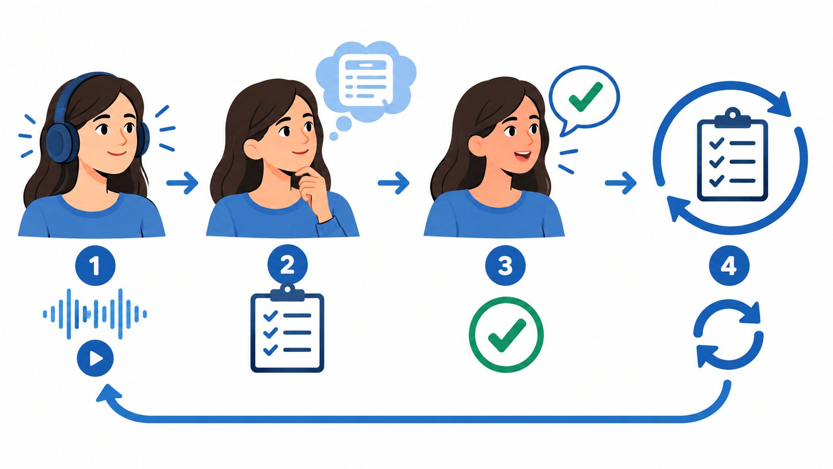 A four-step illustration showing a woman listening to audio, processing information, confirming, and repeating the process.