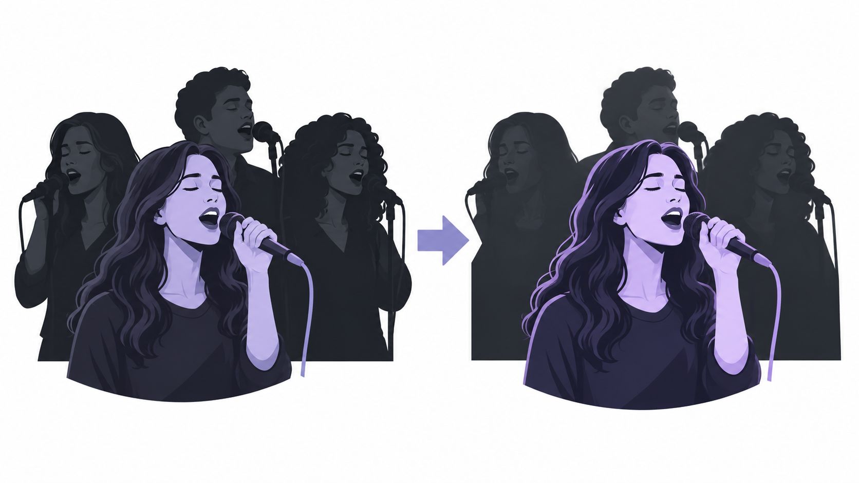 A digital illustration showing a comparison of vocal isolation for music production and audio engineering workflows.