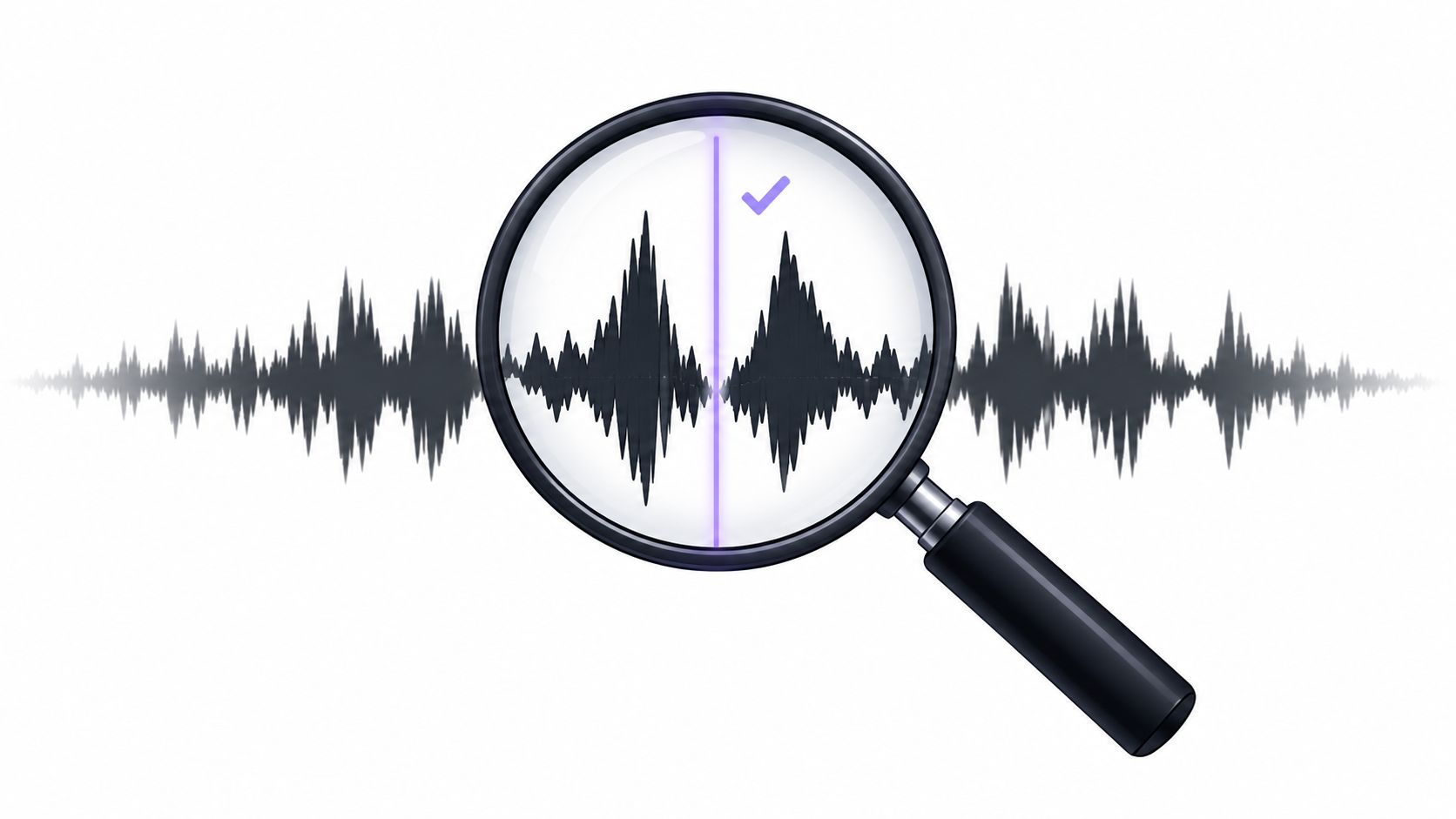 A magnifying glass focusing on a specific segment of an audio waveform, indicating precision audio editing.