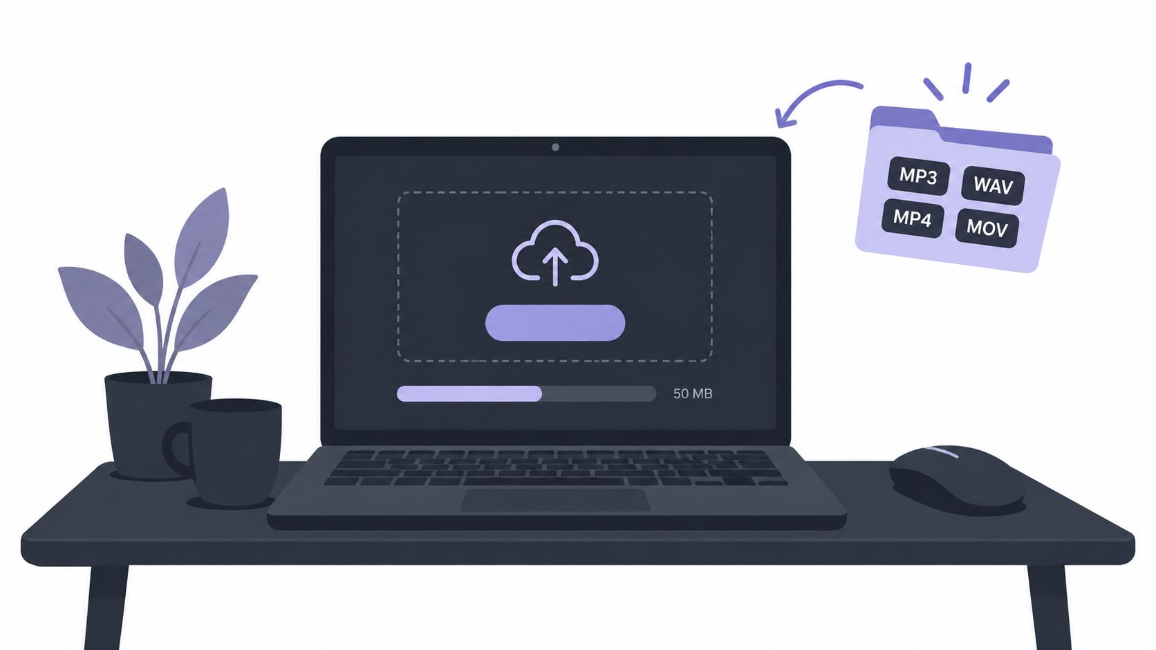 A laptop on a desk showing a file upload process with media formats like MP3 and MP4.
