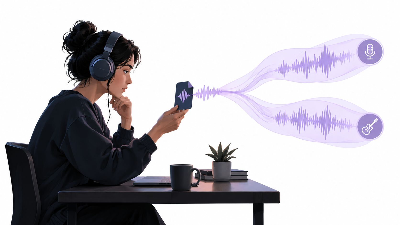 A woman with headphones using AI software to separate vocals and instrumental tracks from an audio file.