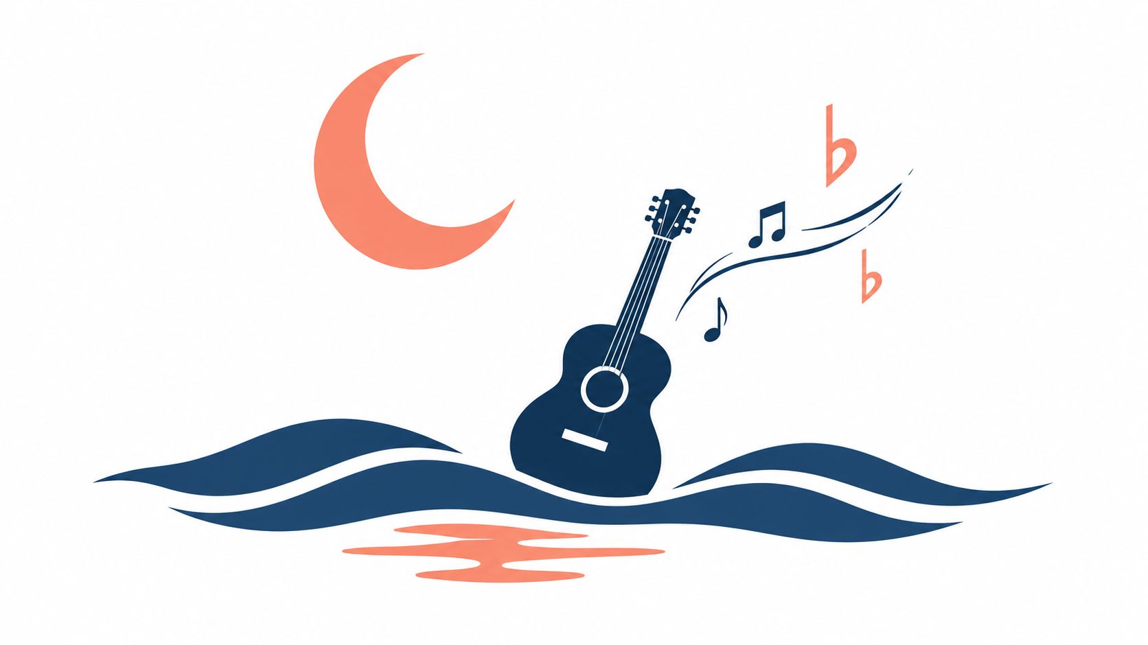A stylized graphic featuring a guitar emerging from blue waves under a crescent moon with musical notes.