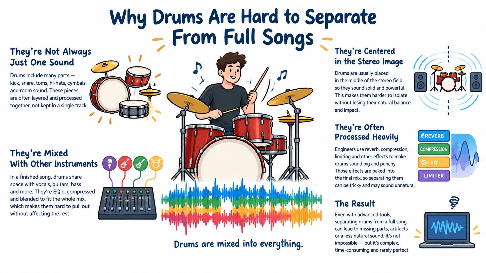 An infographic explaining why separating drum tracks from a fully mixed song is technically difficult and complex.